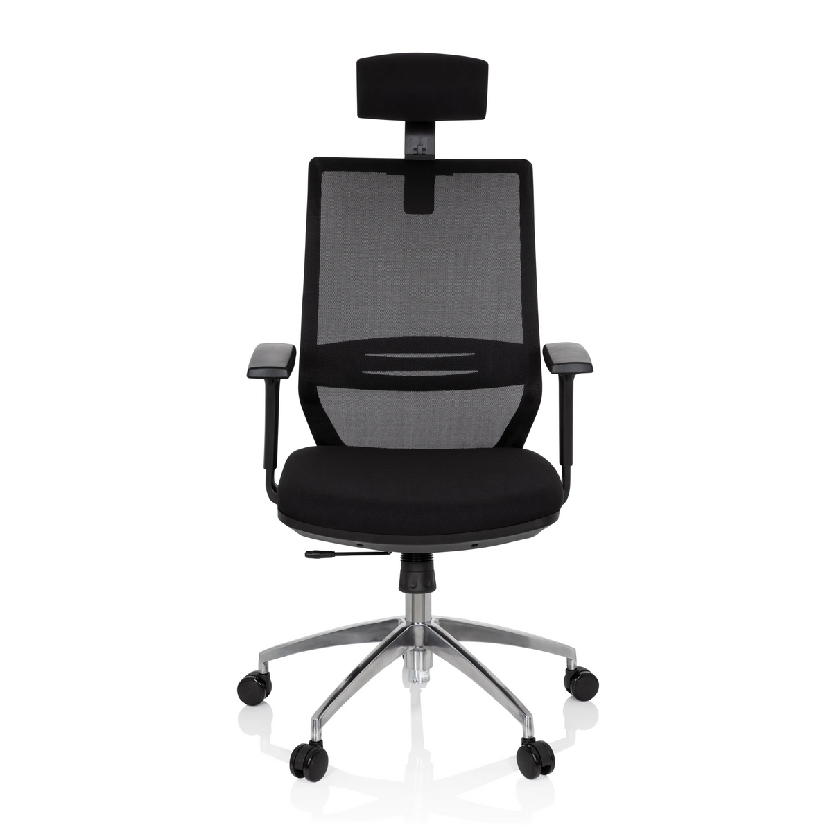 Sedia da ufficio professionale PROFONDO PRO nera con schienale in rete, poggiatesta e base a cinque ruote di hjh OFFICE – vista a 360° (vista frontale 0°)