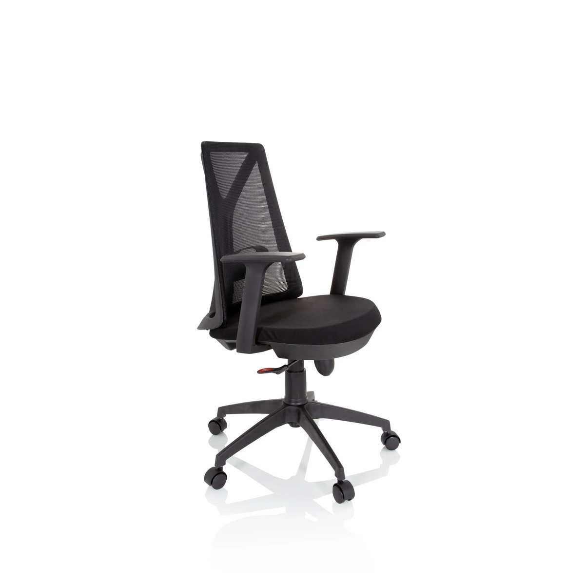 Sedia Home Office FALUN BASIC nera con schienale in rete e base a cinque ruote di hjh OFFICE – vista a 360° (vista frontale a tre quarti 60°)