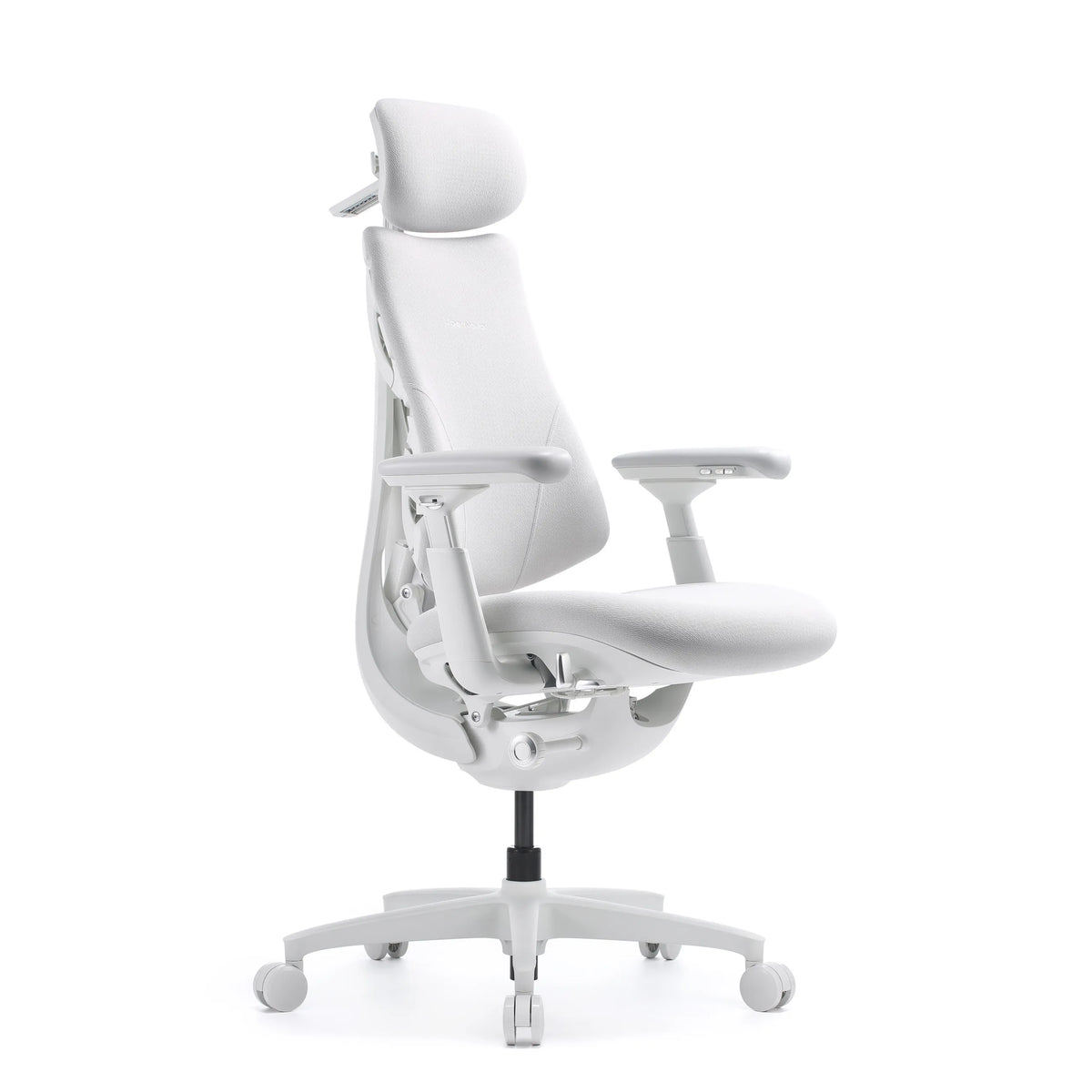 High-end Sedia da ufficio LiberNovo Omni Gen bianca con poggiatesta, braccioli e base a stella con ruote di Libernovo