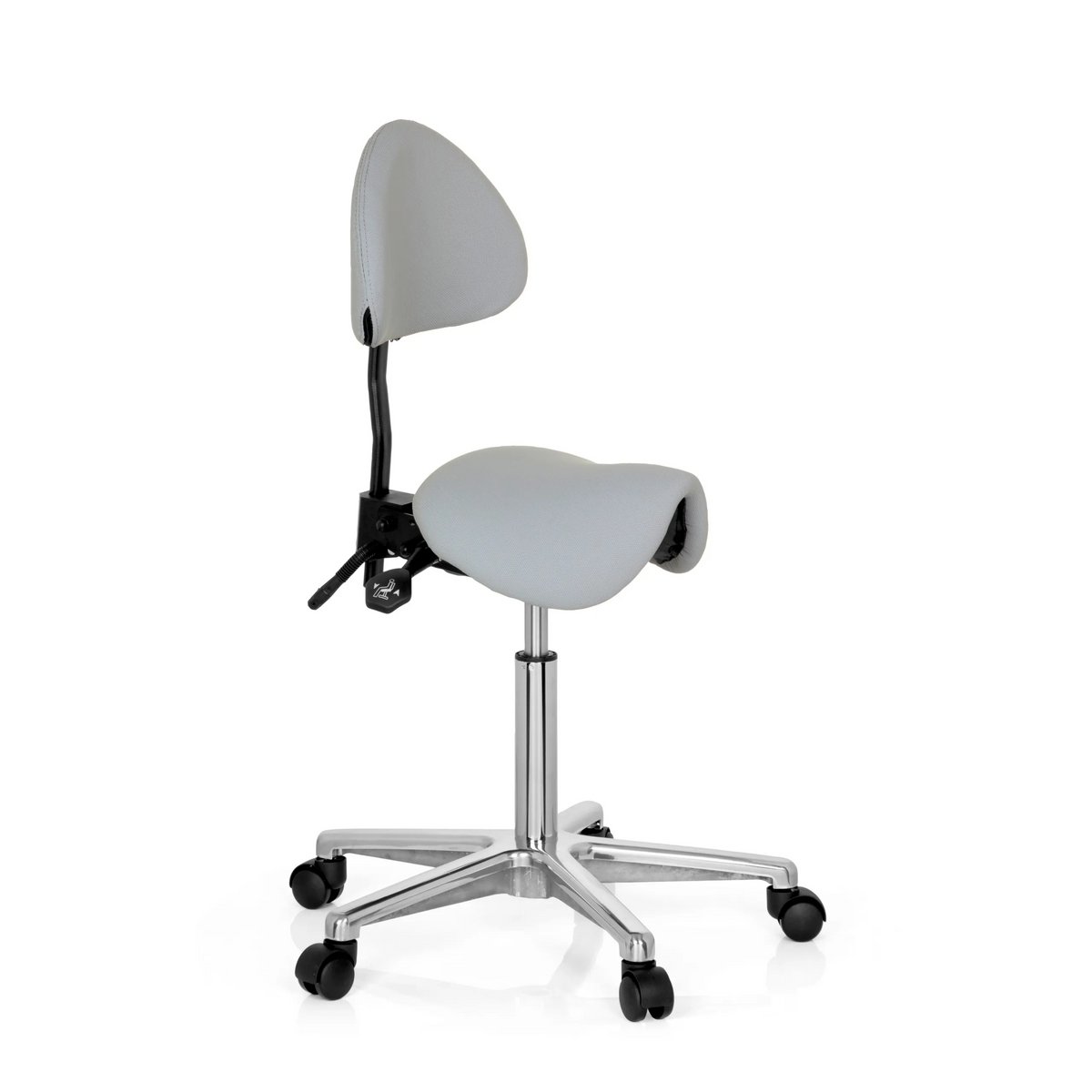 Sgabello a sella TOP WORK 20 grigio con schienale e base a cinque ruote di hjh OFFICE – vista a 360° (vista frontale a tre quarti 60°)