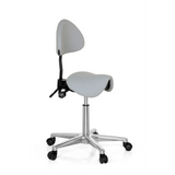 Sgabello a sella TOP WORK 20 grigio con schienale e base a cinque ruote di hjh OFFICE – vista a 360° (vista frontale a tre quarti 60°)