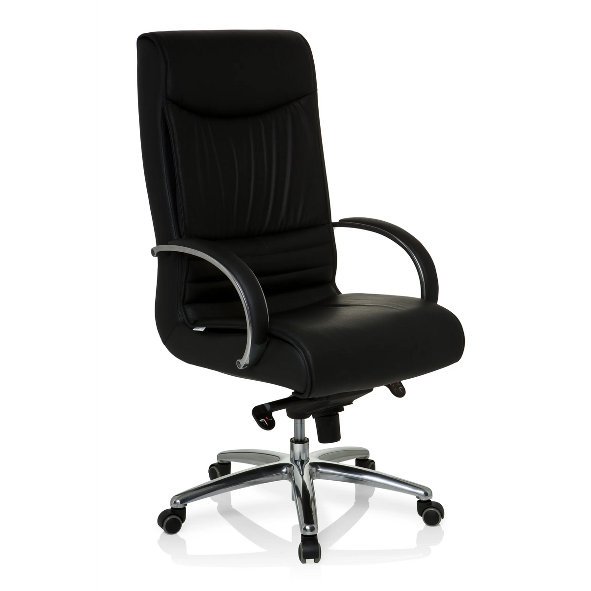 Sedia girevole XXL F 400 nera in pelle con base a stella e cinque ruote di hjh OFFICE – vista a 360° (vista frontale a tre quarti 40°)