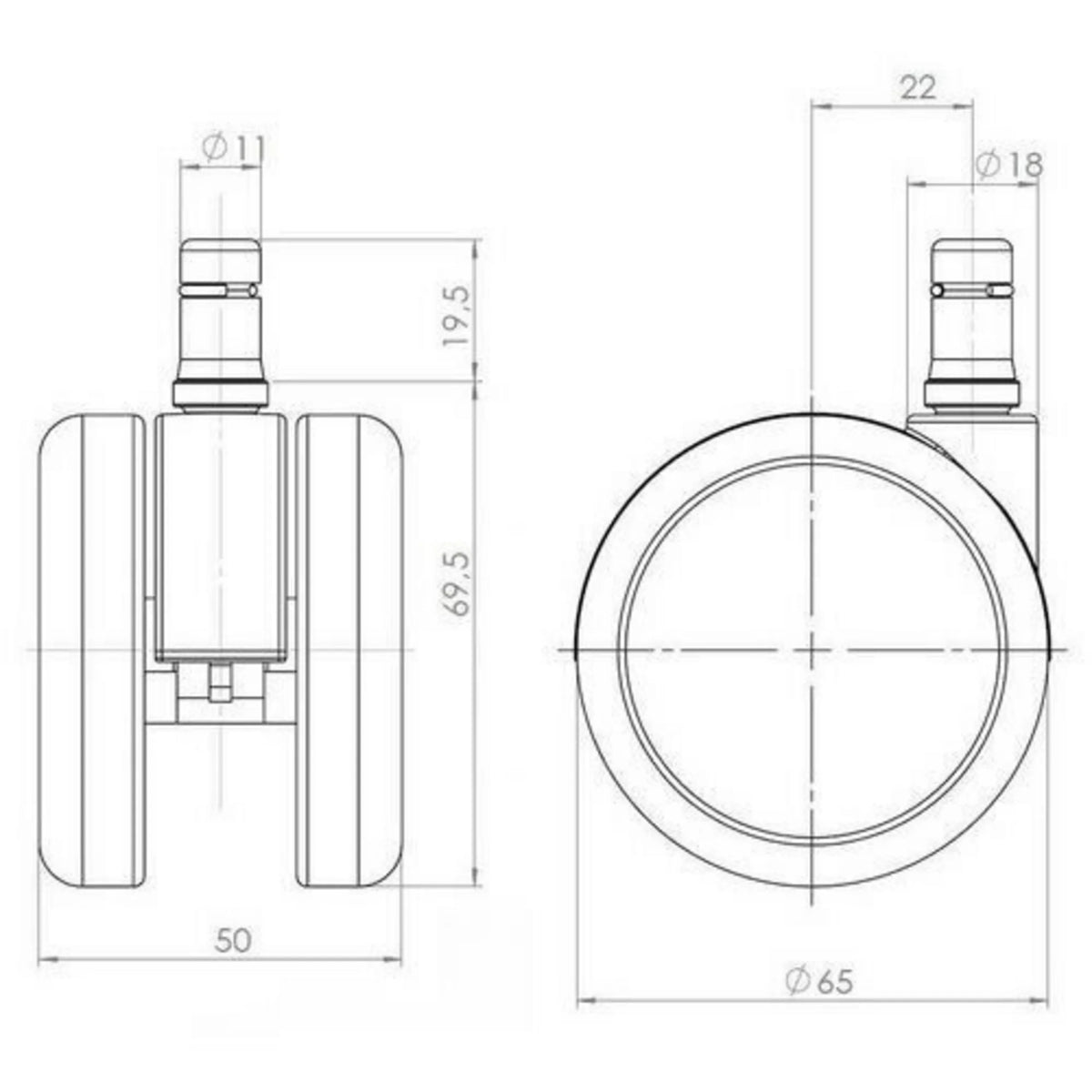 Disegno tecnico delle Rotelle per Sedia 5x ROLO LUX 11mm/65mm con un diametro di 65 mm di hjh OFFICE