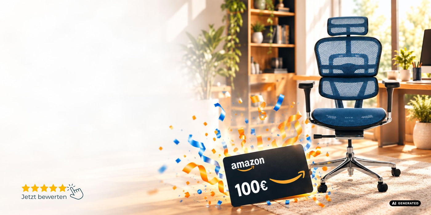 Header Bild für das Gewinnspiel. Ein blauer Ergohuman Bürostuhl steht rechts in einem Büro. Unten mittig ist der zu gewinnende Gutschein abgebildet.