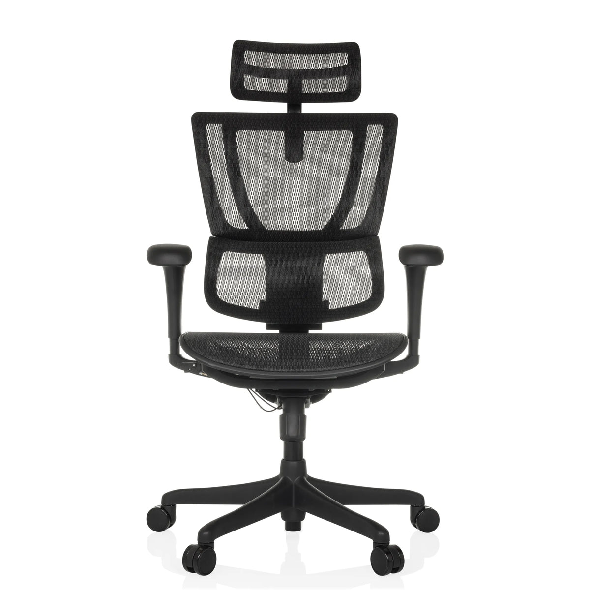 Poltrona di lusso ERGOHUMAN SLIM ECO M GEN2 nera con schienale in rete e base a cinque ruote di hjh OFFICE – vista a 360° (vista frontale 0°)