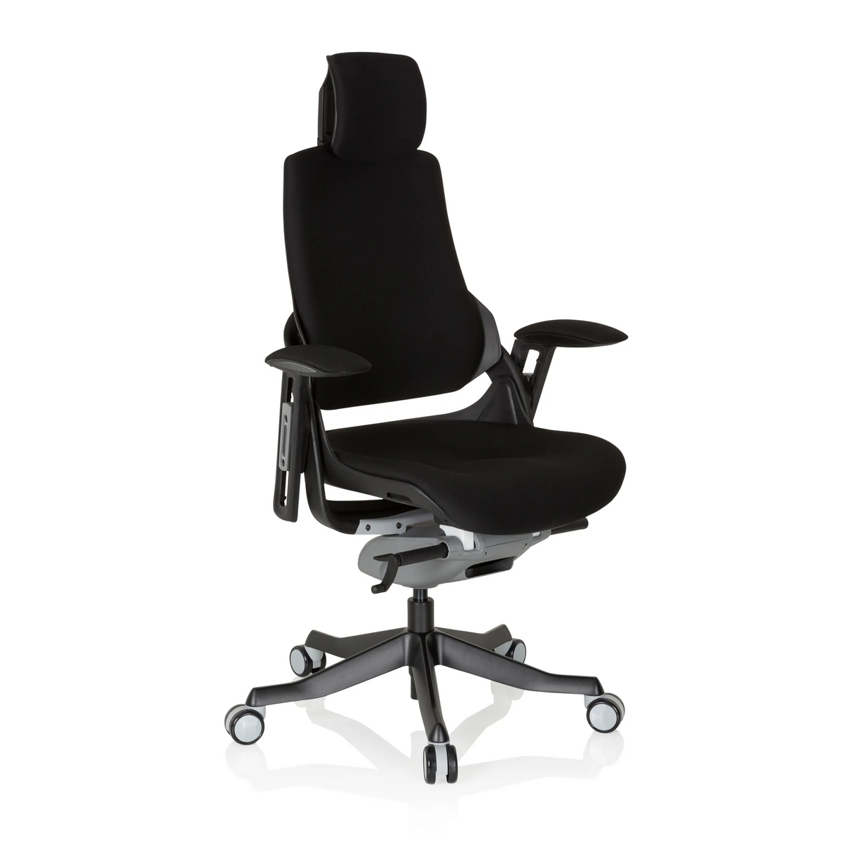 Sedia da ufficio professionale SPEKTRE BLACK nera con poggiatesta, braccioli e base a cinque ruote di hjh OFFICE – vista a 360° (vista frontale a tre quarti 40°)