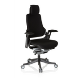 Sedia da ufficio professionale SPEKTRE BLACK nera con poggiatesta, braccioli e base a cinque ruote di hjh OFFICE – vista a 360° (vista frontale a tre quarti 40°)