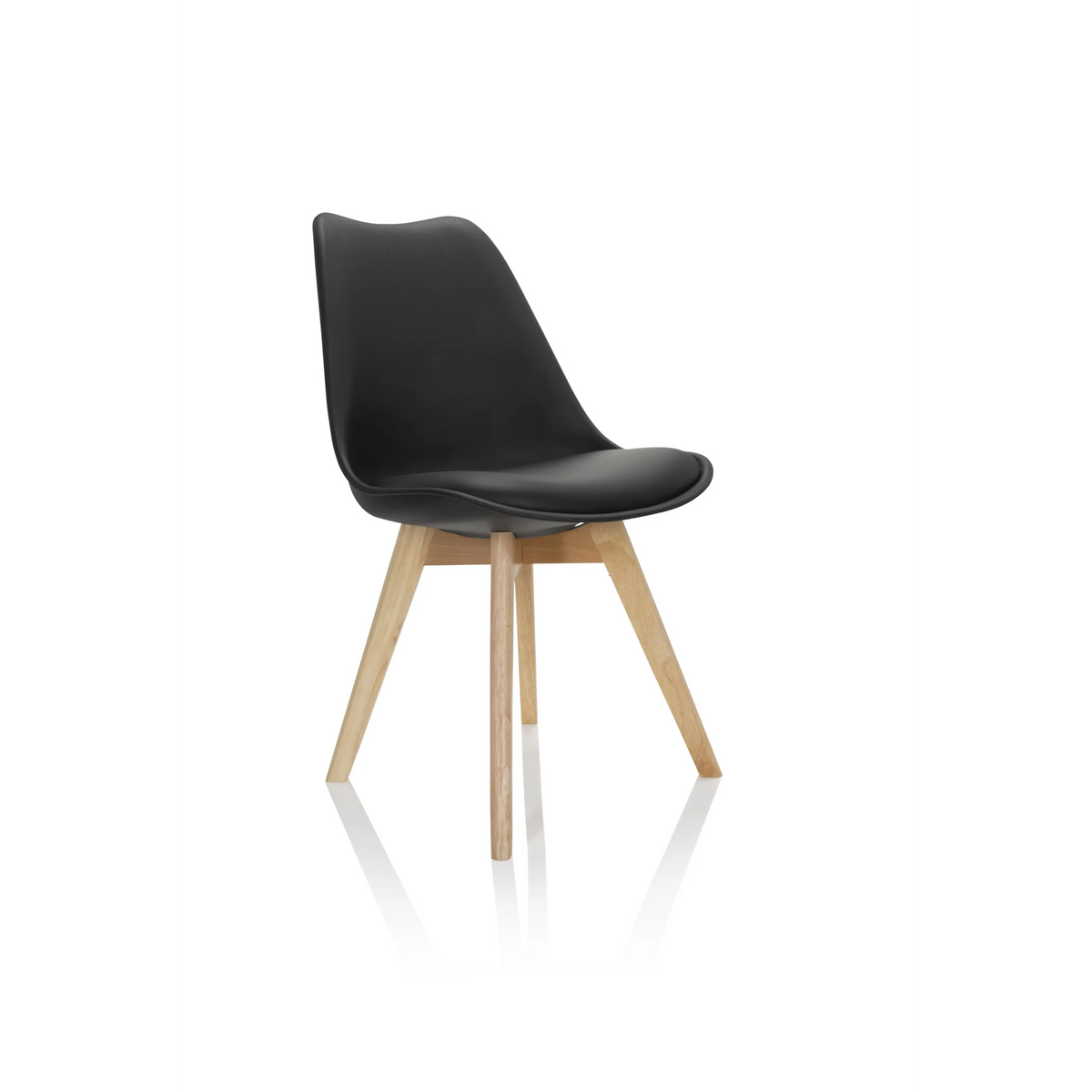Sedia a conchiglia SCANDI 4 nera con quattro gambe in legno chiaro di hjh OFFICE – vista a 360° (vista frontale a tre quarti 40°)