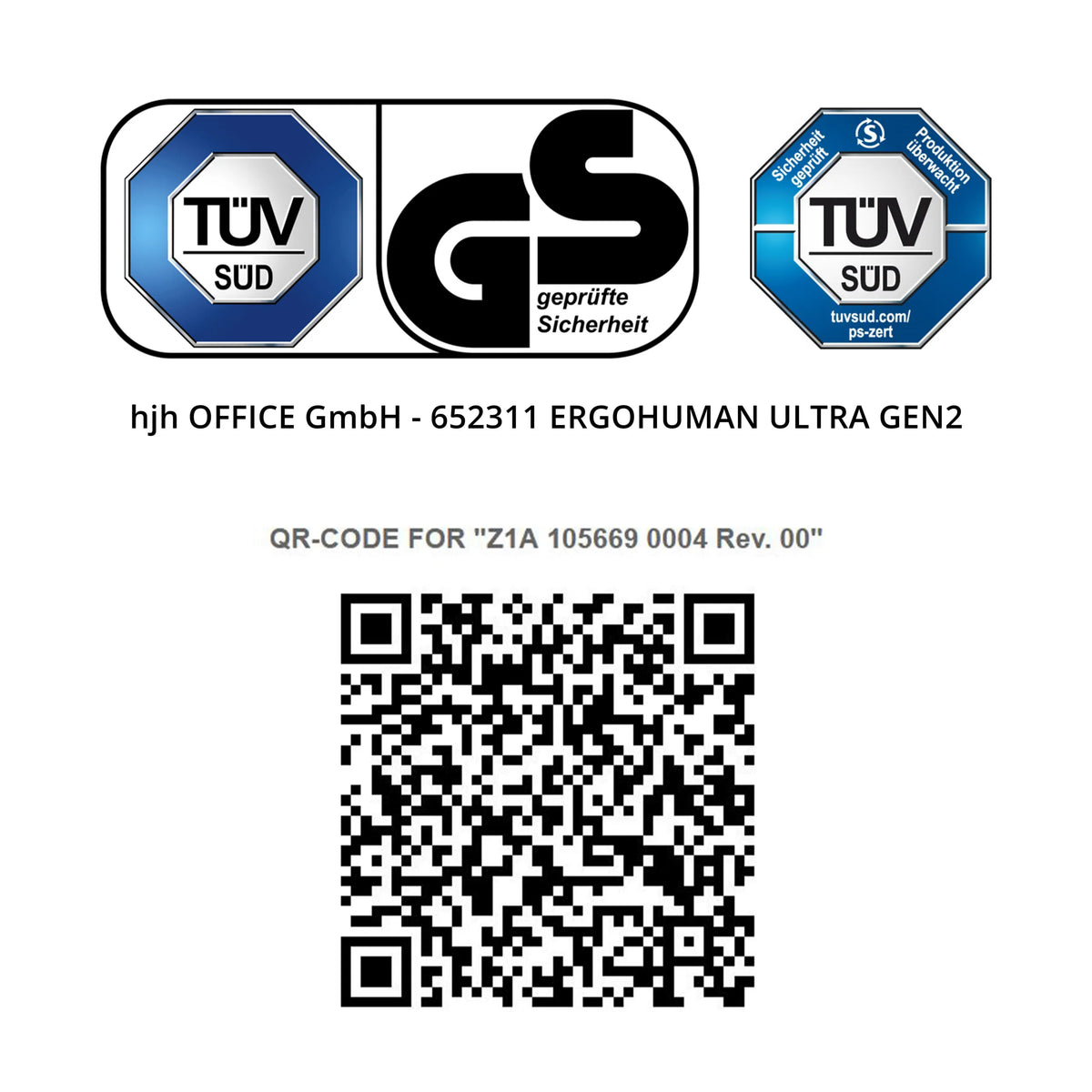 TÜV SÜD GS geprüfte Sicherheit hjh OFFICE GmbH - 652311 ERGOHUMAN ULTRA GEN2 QR-CODE FOR "Z1A 105669 0004 Rev. 00"