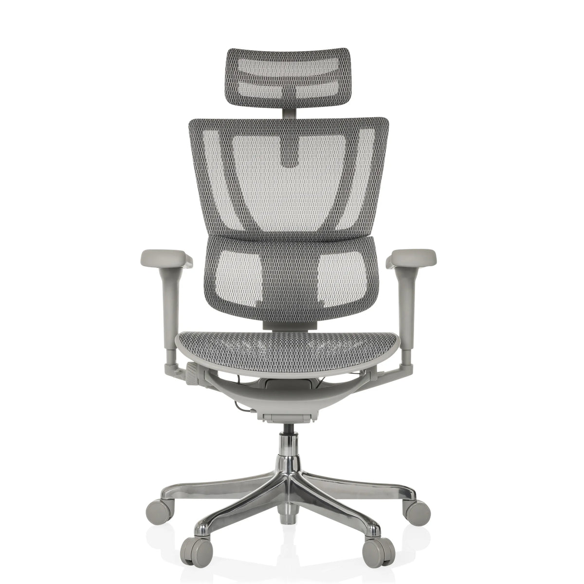 Grauer Luxus-Chefsessel ERGOHUMAN SLIM ULTRA G GEN2 mit Netzrücken und Fußkreuz mit fünf Rollen von hjh OFFICE – 360-Grad-Ansicht (Frontansicht 0°)