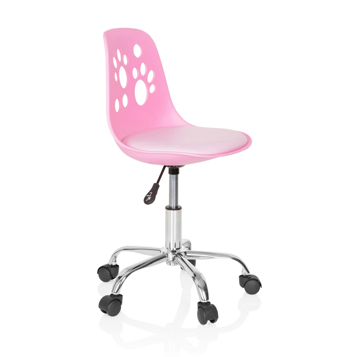 Sedia girevole per bambini FANCY I rosa con motivi a zampa sullo schienale e base a cinque ruote di hjh OFFICE – vista a 360° (vista frontale a tre quarti 60°)
