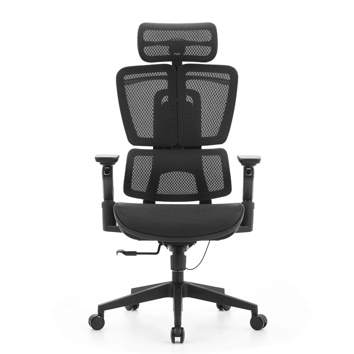 Sedia da ufficio professionale Ergo U2 Pro3 nera con schienale in rete, braccioli e base a cinque ruote di hjh OFFICE – vista a 360° (vista frontale 0°)