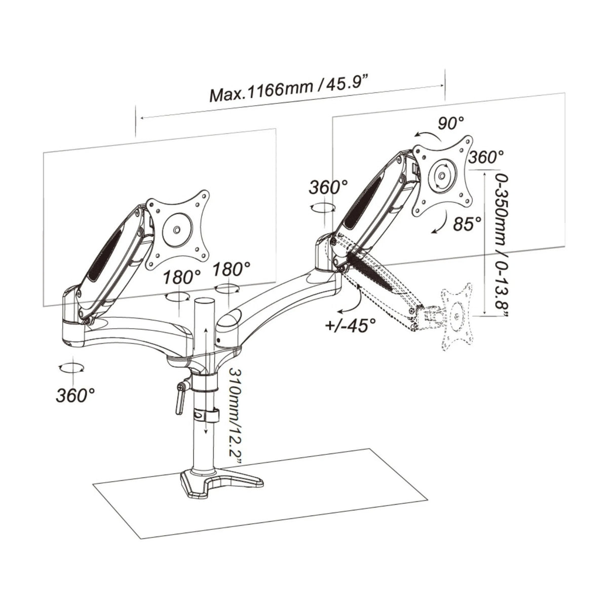 Disegno tecnico del Supporto per monitor VM-MG2 con una larghezza massima di 1166 mm di hjh OFFICE