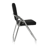 Sedia pieghevole ESTO nera con rivestimento in tessuto e struttura cromata di hjh OFFICE – vista a 360° (profilo laterale 100°)