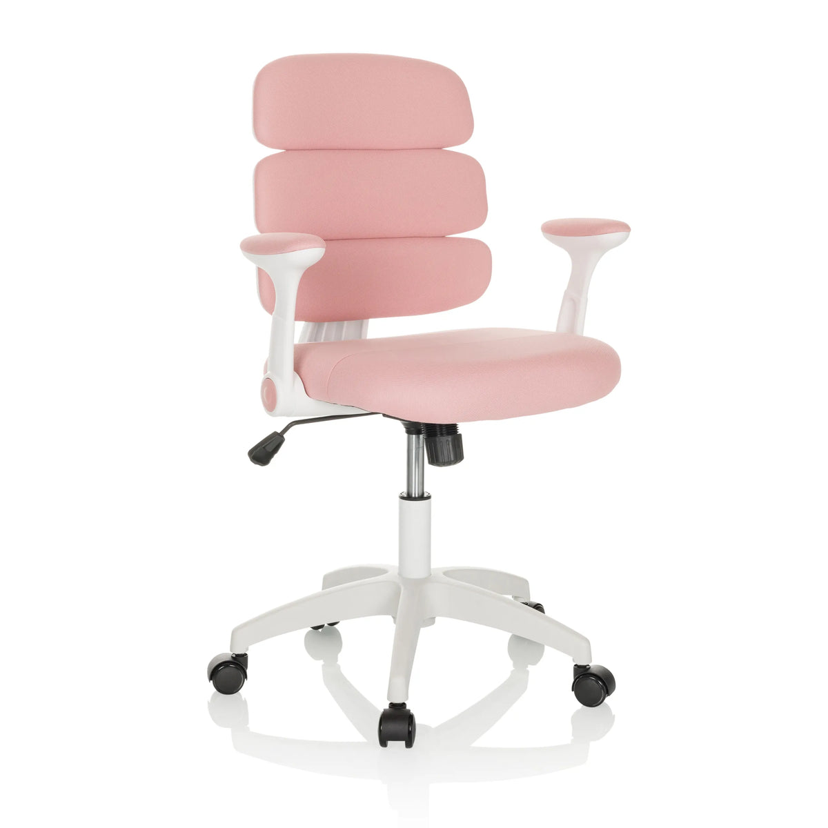 Sedia girevole per bambini KID ERGOLINO W rosa con schienale segmentato e base bianca a cinque ruote di hjh OFFICE – vista a 360° (vista frontale a tre quarti 30°)