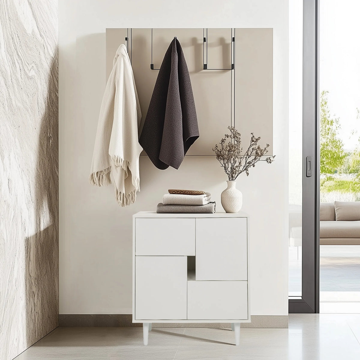 Cassettiera bianca LYKKJA con design asimmetrico dei vani e quattro gambe di hjh LIVING