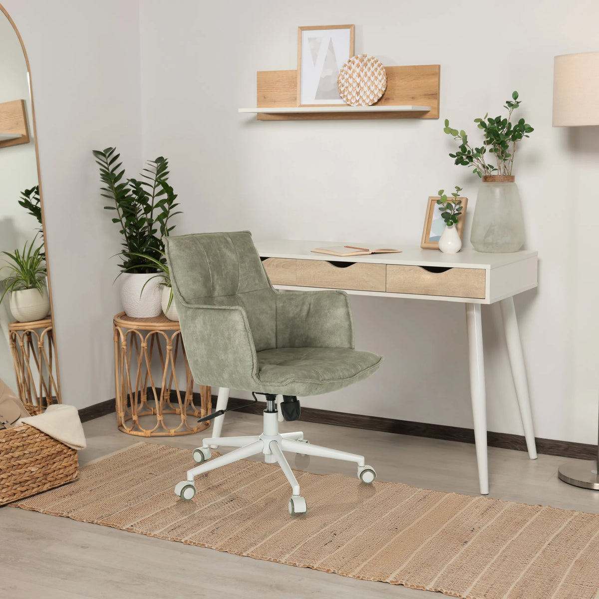 Sedia Home Office SOLAO LIFE W grigia con rivestimento in tessuto e base bianca su ruote di hjh LIVING