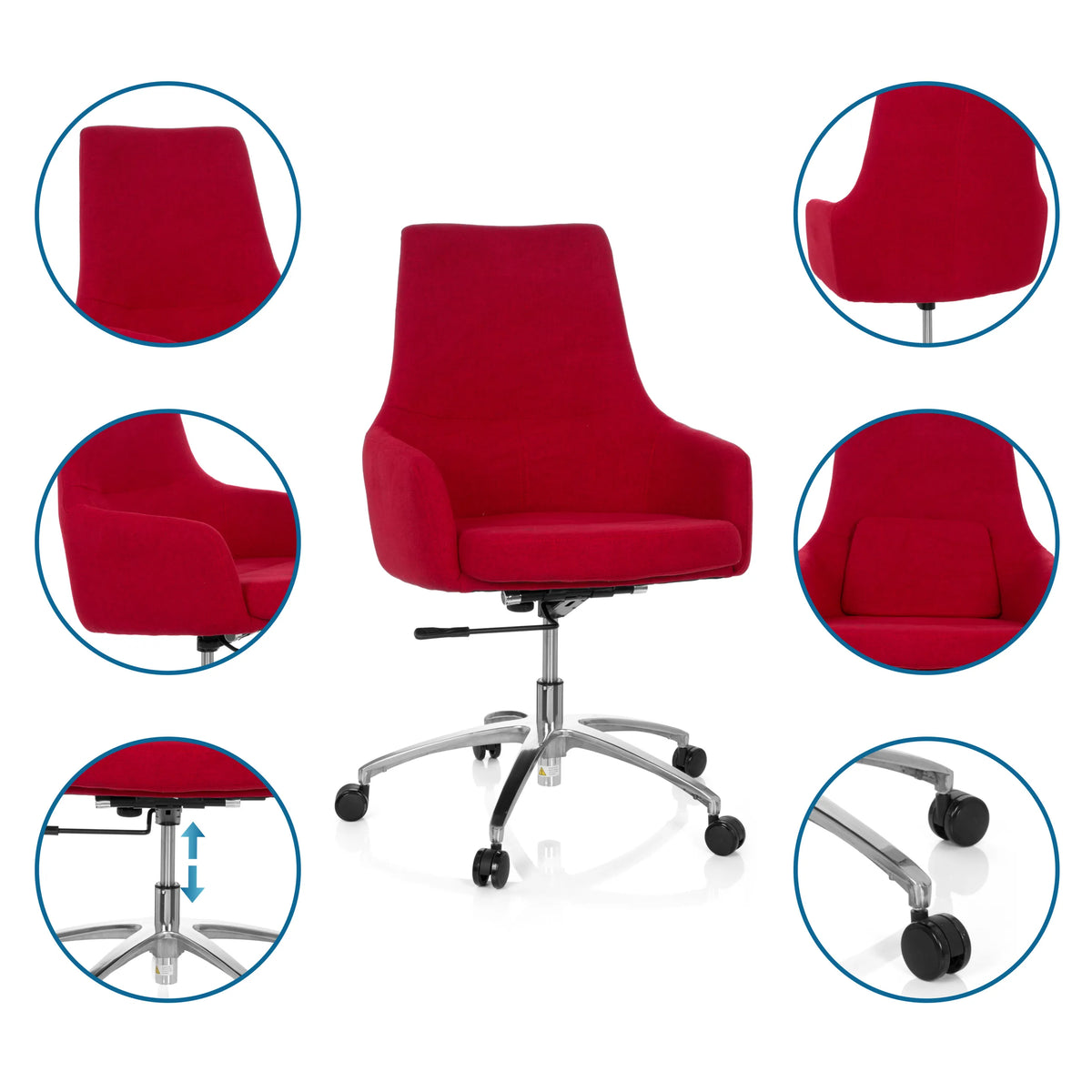 Sedia Home Office rossa SHAKE 100 con viste dettagliate di imbottitura, pistone a gas e doppie rotelle di hjh OFFICE