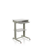 Grauer Stehschreibtisch WORKSTATION mit Ablagefläche und vier Rollen von hjh OFFICE – 360-Grad-Ansicht (schräge Frontansicht 40°)