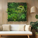 Pannello vegetale verde LEAFLUXE 3D con diverse piante artificiali in una cornice di legno di hjh LIVING
