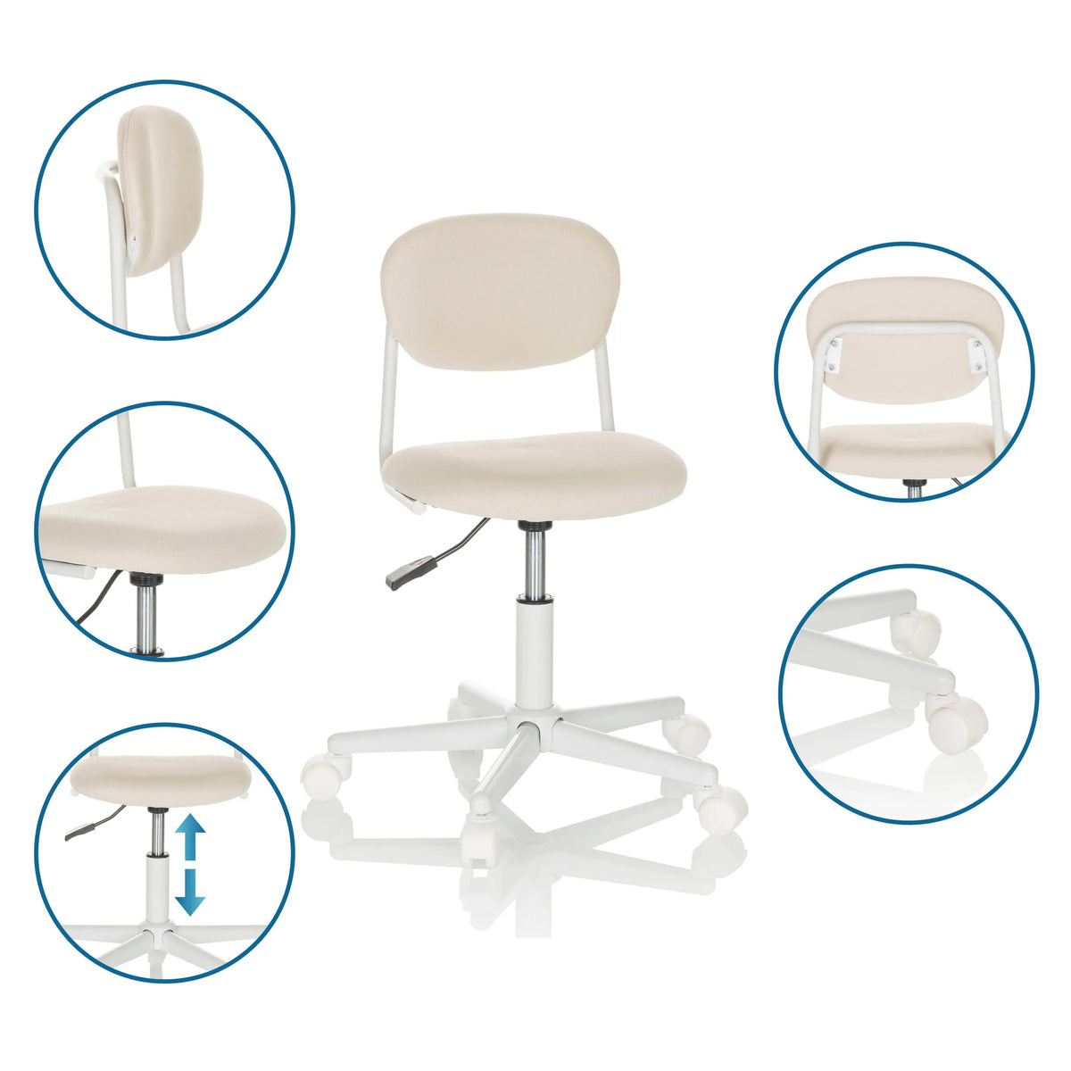 Sedia girevole per bambini KIDDY BASE I beige con viste dettagliate del pistone a gas, delle rotelle e dello schienale di hjh OFFICE
