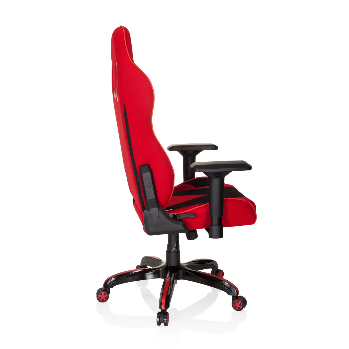 Sedia da gaming PROMOTER II rossa e nera con braccioli e base a cinque ruote di hjh OFFICE – vista a 360° (profilo laterale 100°)
