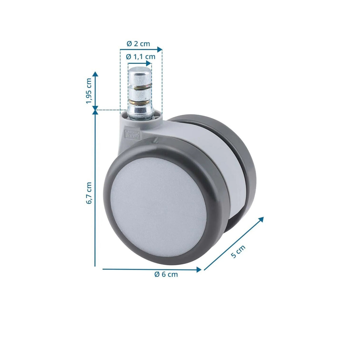 Disegno tecnico delle Rotelle per Sedia 5x ROLO MOVE 60 11mm/60mm con un diametro di 6 cm e un'altezza di 6,7 cm di hjh OFFICE