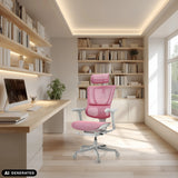 Poltrona di lusso rosa ERGOHUMAN SLIM G GEN2 con schienale in rete in un ufficio luminoso di hjh OFFICE (immagine generata dall’IA)