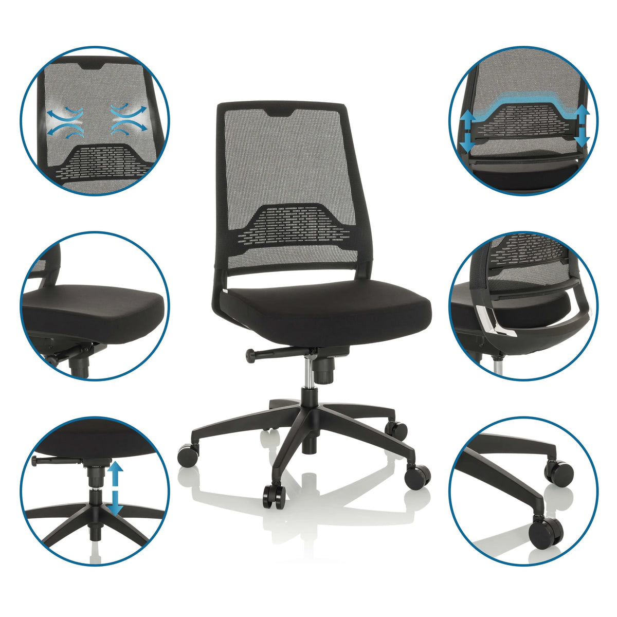 Sedia da ufficio professionale PORTO ECO I in nero con schienale in rete, altezza del sedile regolabile e ruote di hjh OFFICE