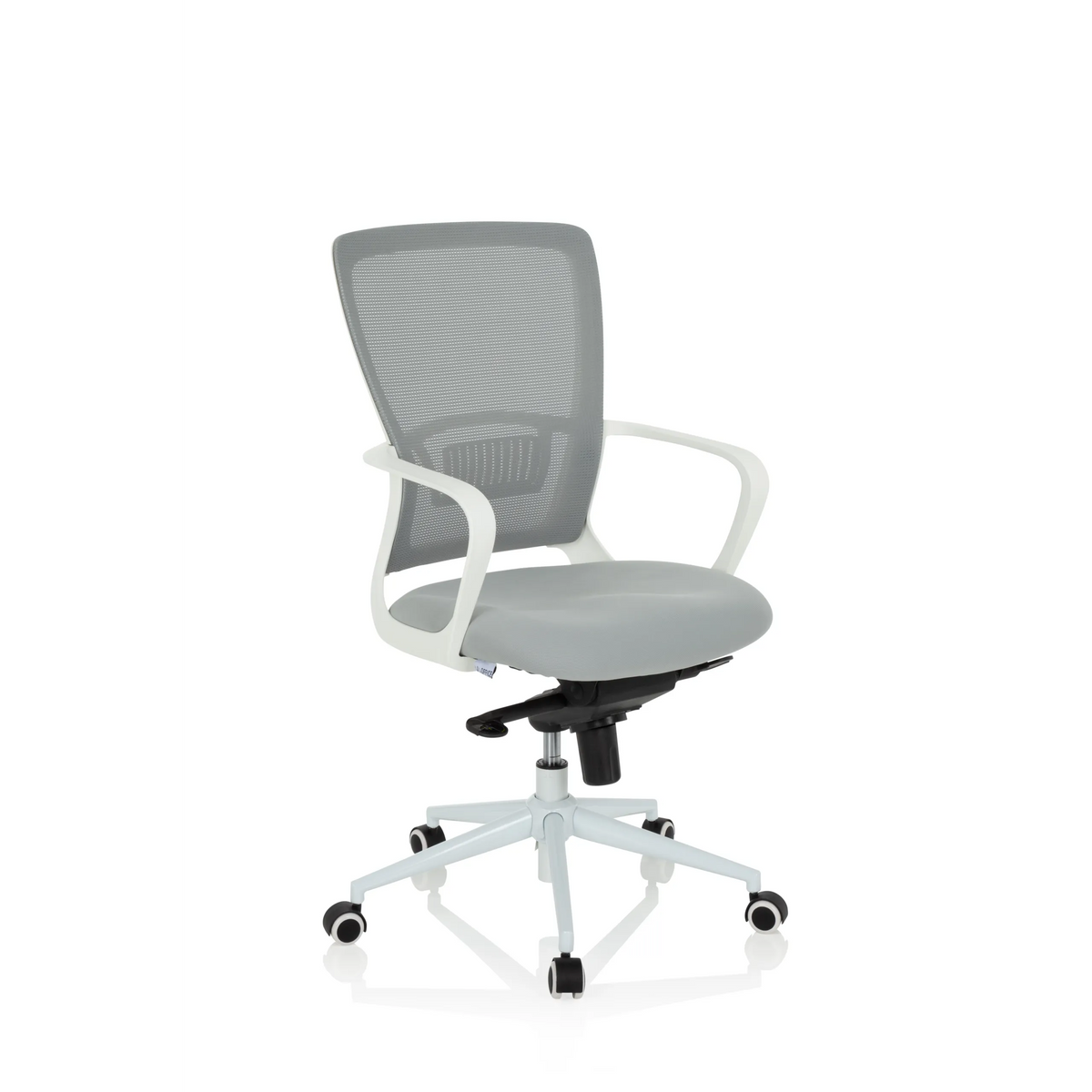 Sedia Home Office ESTRIA grigia con schienale in rete e base a cinque ruote di hjh OFFICE – vista a 360° (vista frontale a tre quarti 40°)