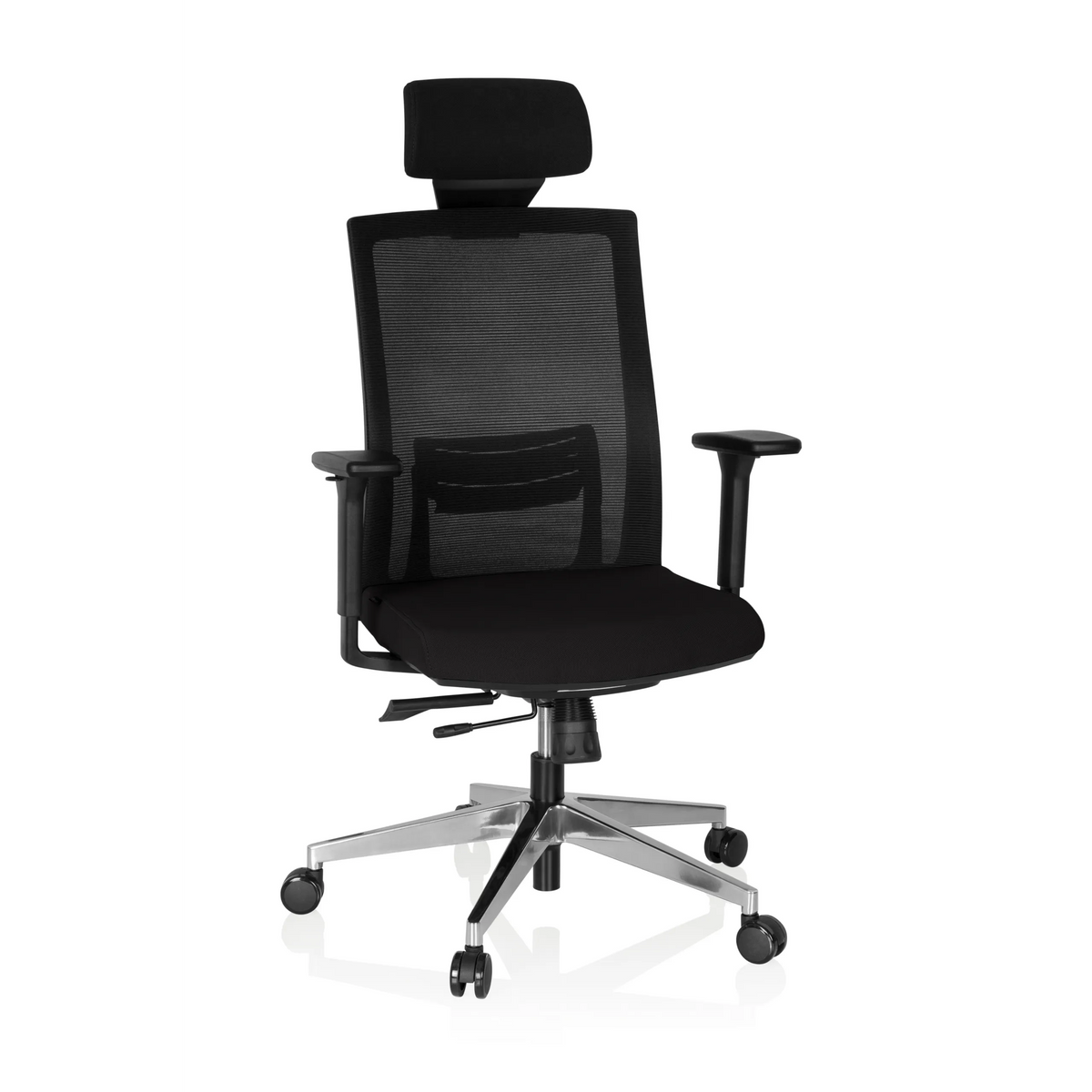 Poltrona professionale CAPTIVA nera con schienale in rete, poggiatesta e base a cinque ruote di hjh OFFICE – vista a 360° (vista frontale 20°)