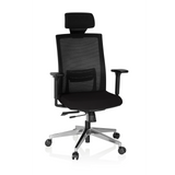 Poltrona professionale CAPTIVA nera con schienale in rete, poggiatesta e base a cinque ruote di hjh OFFICE – vista a 360° (vista frontale 20°)