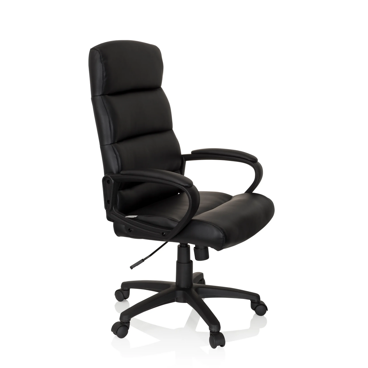 Poltrona professionale FUTURA 100 nera con imbottitura trapuntata e base a cinque ruote di hjh OFFICE – vista a 360° (vista frontale a tre quarti 60°)