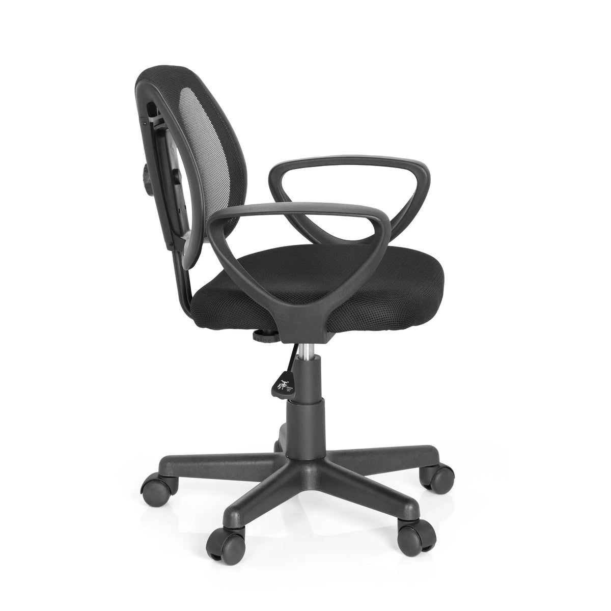 Sedia girevole per bambini KIDDY CD nera con schienale in rete e base a cinque ruote di hjh OFFICE – vista a 360° (profilo laterale 80°)