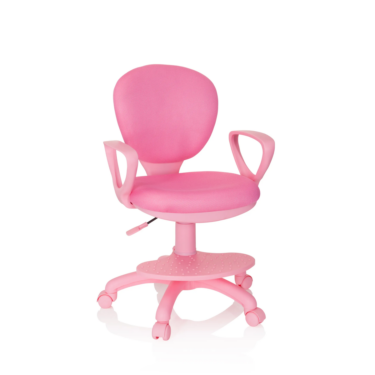 Sedia girevole per bambini KID COLOUR rosa con braccioli e base a cinque ruote di hjh OFFICE – vista a 360° (vista frontale 20°)