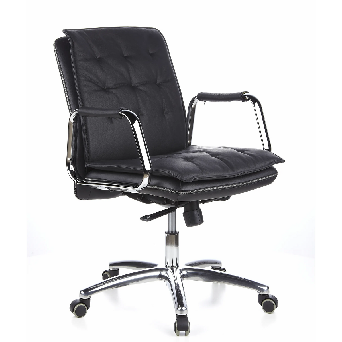 Poltrona professionale VILLA 10 nera con imbottitura trapuntata e base a cinque ruote di hjh OFFICE – vista a 360° (vista frontale a tre quarti 40°)