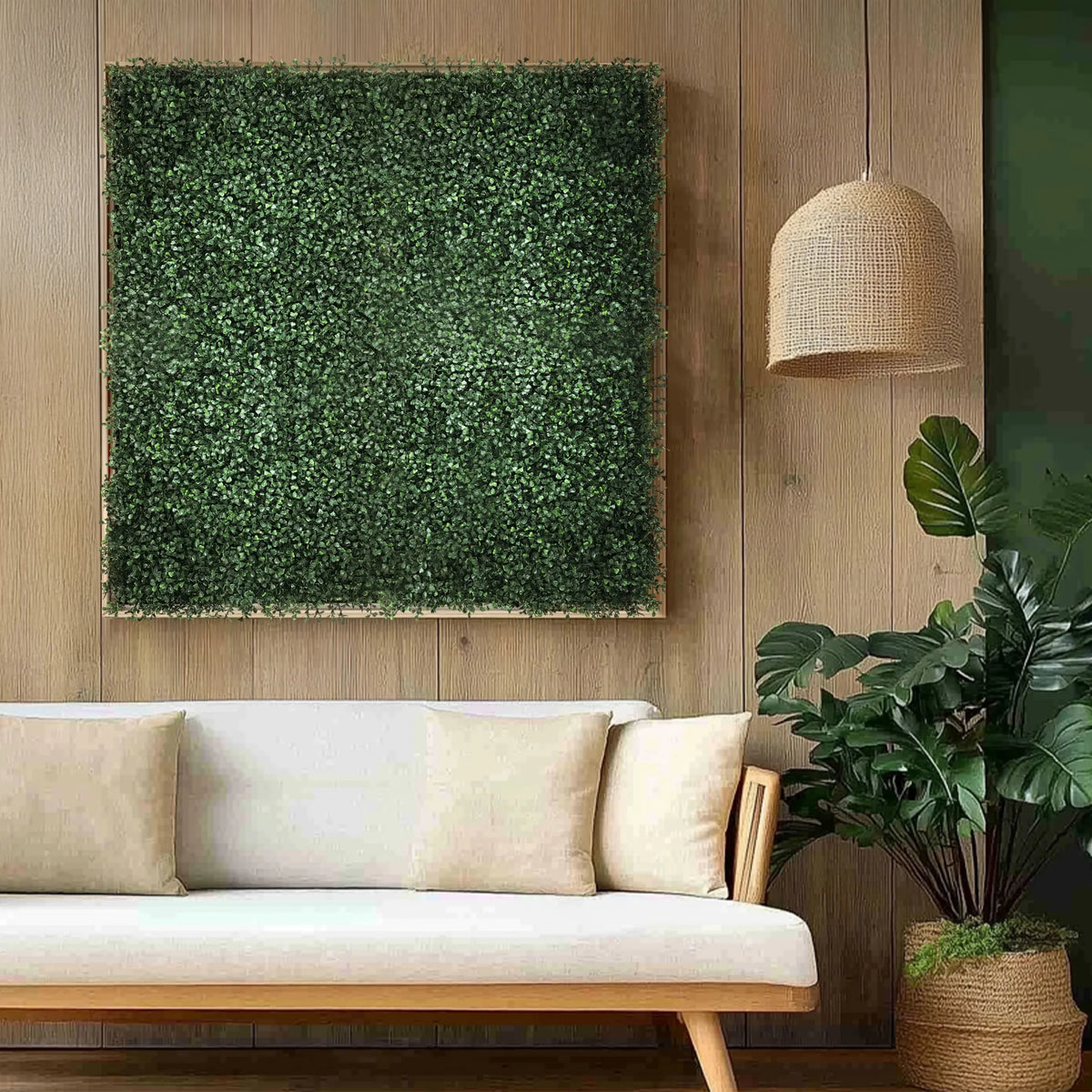 Pannello vegetale verde LEAFLUXE 1 come elemento murale quadrato sopra un divano chiaro di hjh LIVING