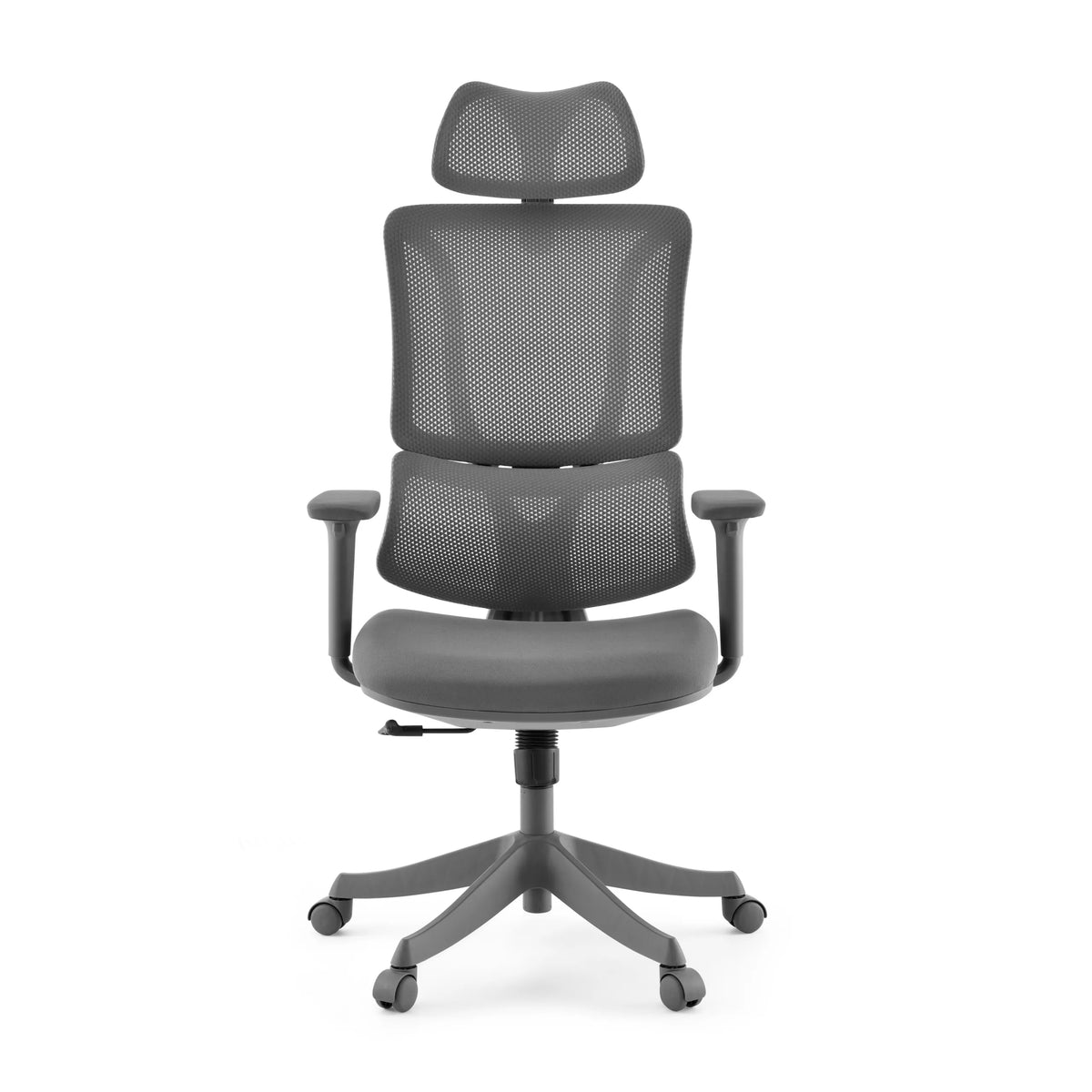 Sedia Home Office Ergomy Colore grigia con schienale in rete e base a cinque ruote di MyBuero – vista a 360° (vista frontale 0°)