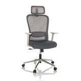 Sedia Home Office BELAIA W grigia con schienale in rete, poggiatesta e base a cinque ruote di hjh OFFICE – vista a 360° (vista frontale 15°)