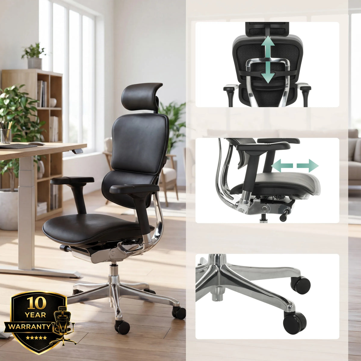 Poltrona di lusso ERGOHUMAN GEN2 in pelle nera con poggiatesta e braccioli regolabili di hjh OFFICE