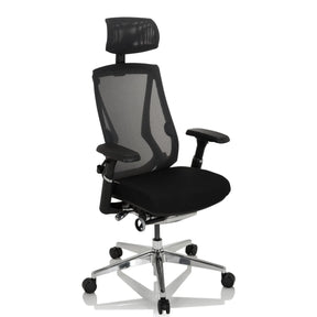High-End-Bürostuhl INSPERO in Schwarz mit Netzrückenlehne, Kopfstütze und Fußkreuz aus Chrom von hjh OFFICE