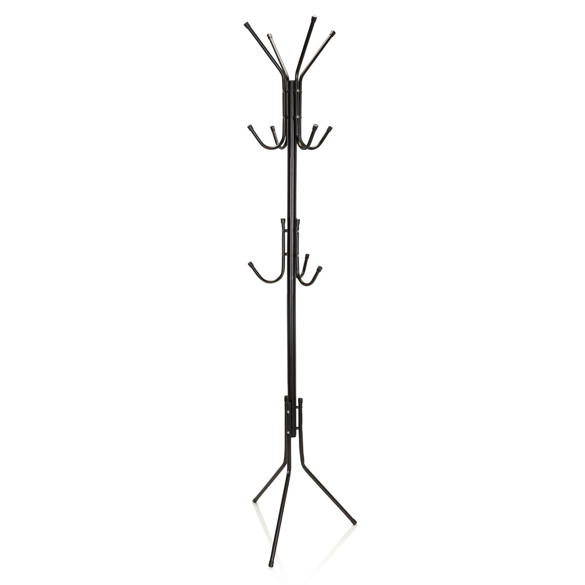 Schwarzer Garderobenständer SPACE IV mit mehreren Haken und einem dreibeinigen Standfuß von hjh OFFICE – 360-Grad-Ansicht (schräge Frontansicht 40°)