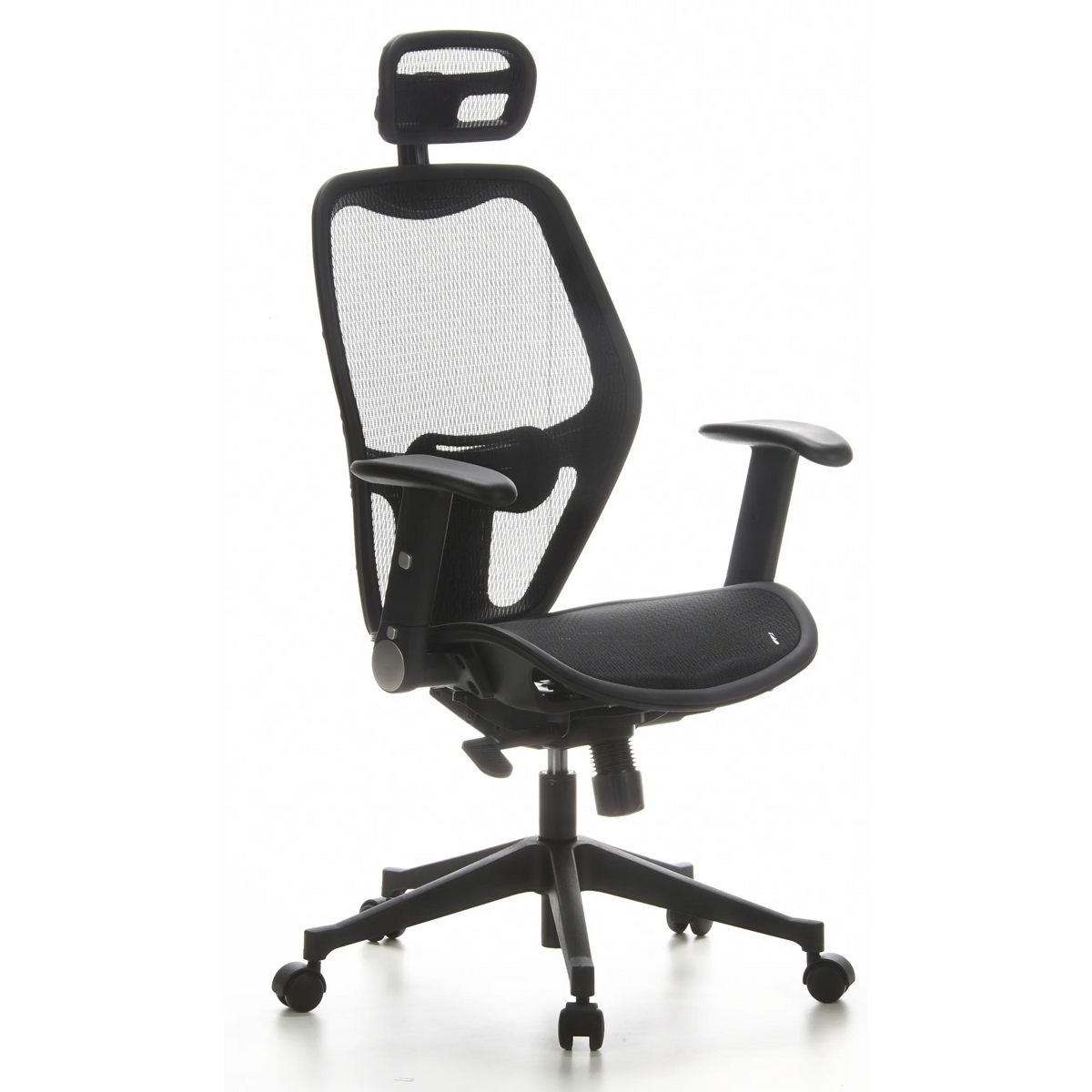 Sedia da ufficio professionale AIR-PORT nera con schienale in rete, poggiatesta e base a cinque ruote di hjh OFFICE – vista a 360° (vista frontale a tre quarti 40°)