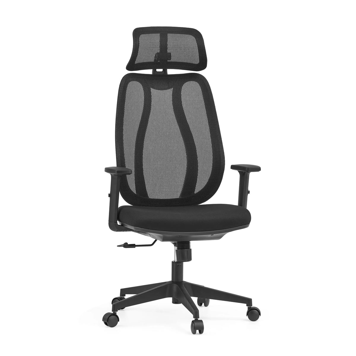 Sedia da ufficio professionale Filaro nera con schienale in rete, poggiatesta e base a cinque ruote di hjh OFFICE – vista a 360° (vista frontale 15°)