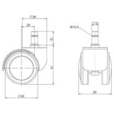 Disegno tecnico delle Rotelle per Sedia 5x ROLO 10mm/50mm con un diametro di 50 mm di hjh OFFICE