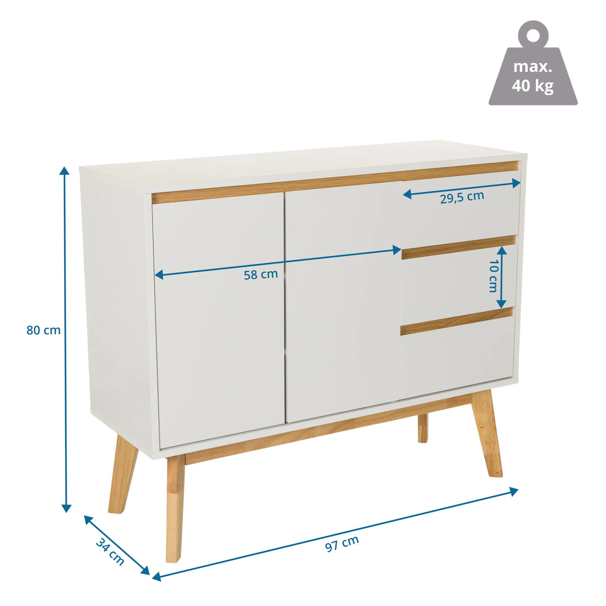 Disegno tecnico della Madia TAROLO I con larghezza di 97 cm e altezza di 80 cm di hjh LIVING