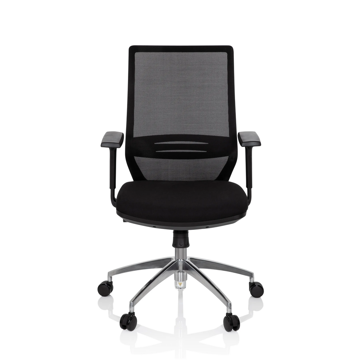 Sedia da ufficio professionale PROFONDO nera con schienale in rete e base a cinque ruote di hjh OFFICE – vista a 360° (vista frontale 0°)