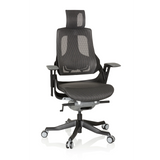 Sedia da ufficio professionale SPEKTRE BLACK grigio-nera con schienale in rete e base a cinque ruote di hjh OFFICE – vista a 360° (vista frontale 20°)