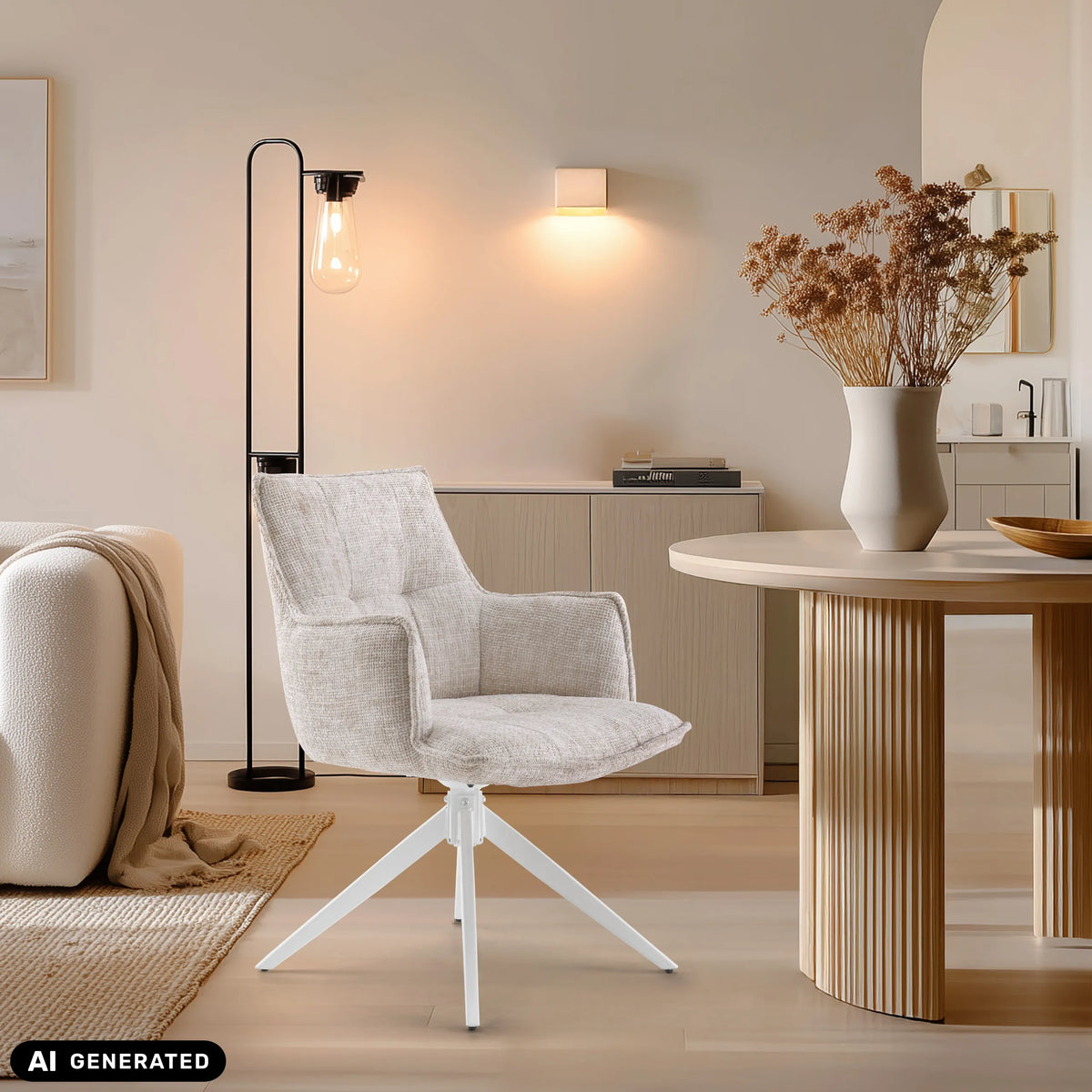 Sedia per sala da pranzo Tavaro beige con base a stella bianca di hjh LIVING (immagine generata dall’IA)