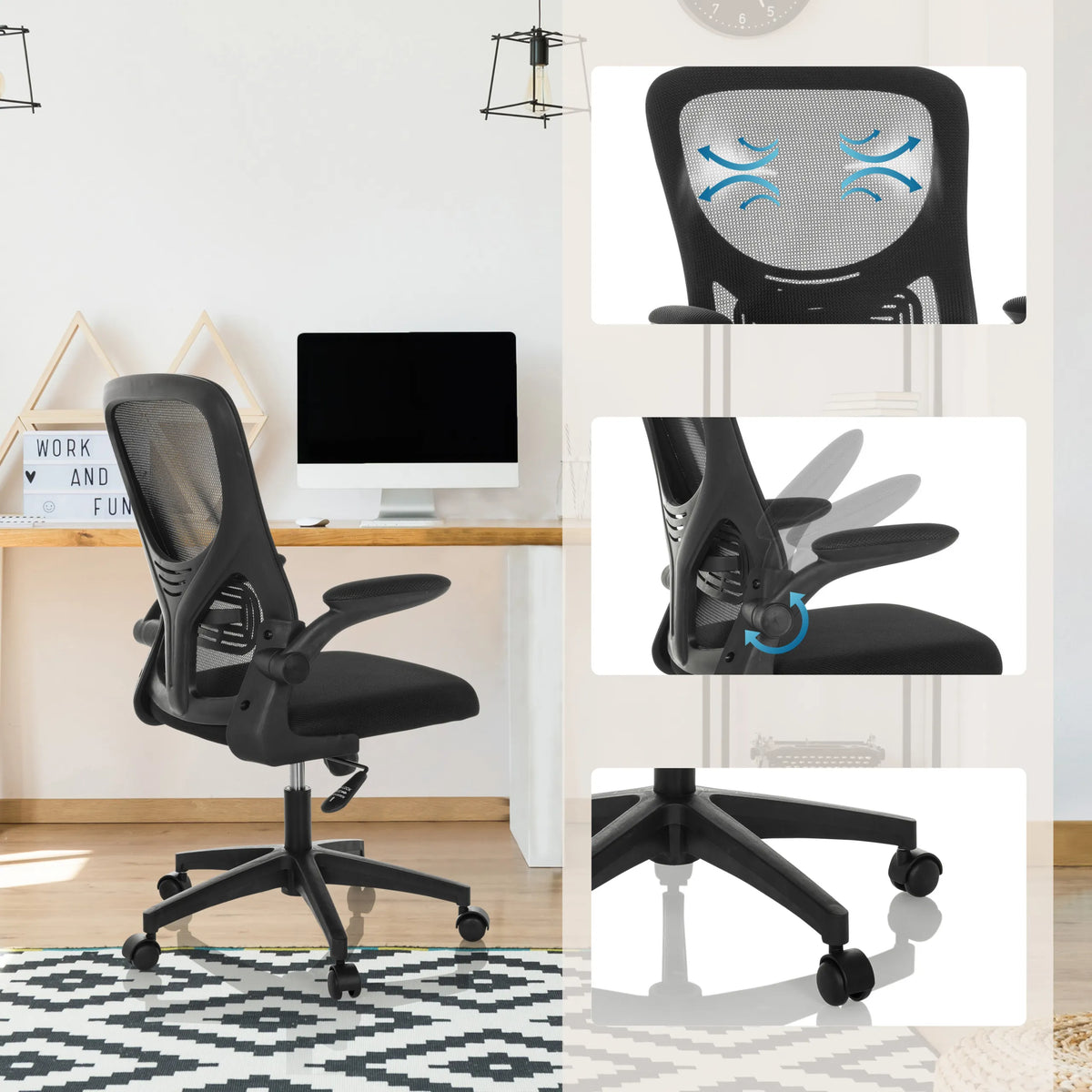 Sedia Home Office BELIO in nero con schienale in rete, meccanismo di regolazione e base a rotelle di hjh OFFICE